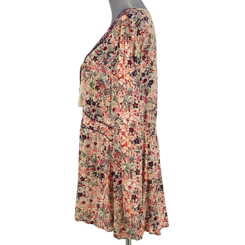 Torrid Top 1 Plus Size 1X Beige Purple Floral Blouse Tasseled Embroidered Boho - Picture 14 of 15